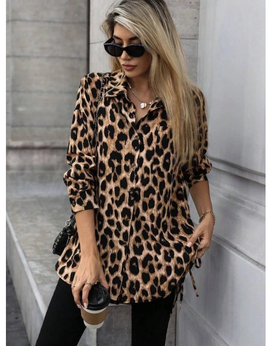 Kadın Uzun Kollu Yakalı önden Düğmeli Yandan Bağcıklı Leopar Desenli Modal Bluz