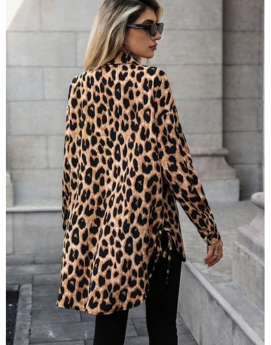 Kadın Uzun Kollu Yakalı önden Düğmeli Yandan Bağcıklı Leopar Desenli Modal Bluz