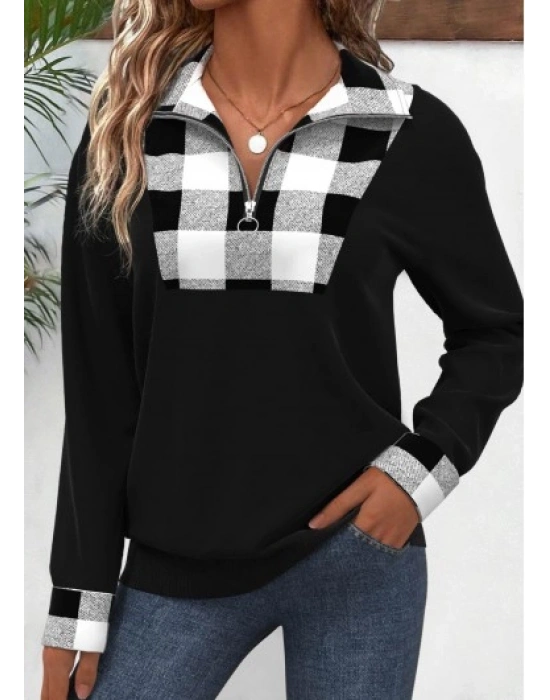 Kadın Uzun Kollu Yakalı önden Fermuarlı Ekose Detaylı Viskon Iki Iplik Bluz