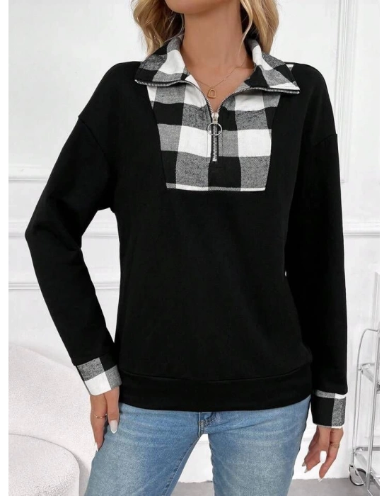 Kadın Uzun Kollu Yakalı önden Fermuarlı Ekose Detaylı Viskon Iki Iplik Bluz