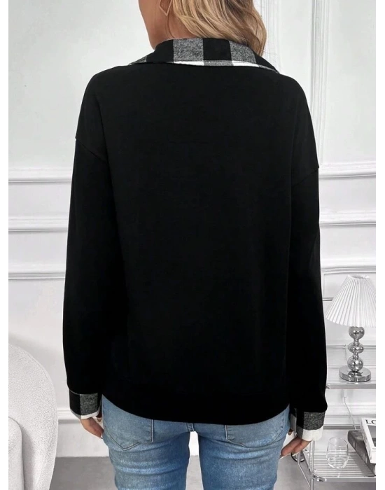 Kadın Uzun Kollu Yakalı önden Fermuarlı Ekose Detaylı Viskon Iki Iplik Bluz