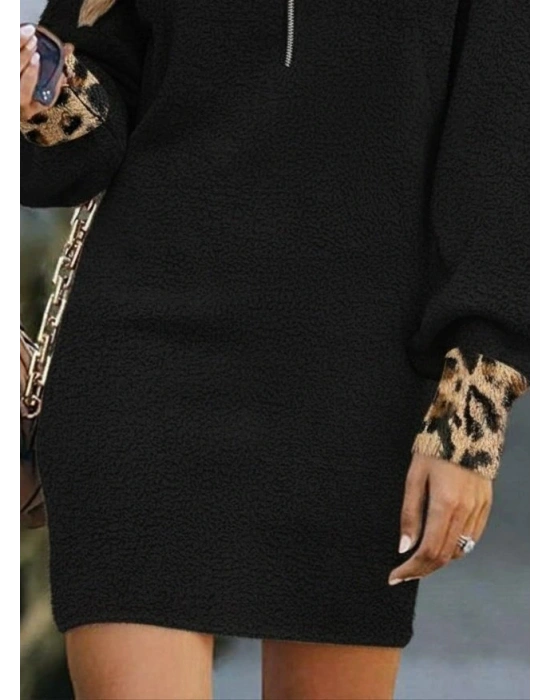 Kadın Uzun Kollu Yakalı önden Fermuarlı Leopar Detaylı Mini Peluş Elbise