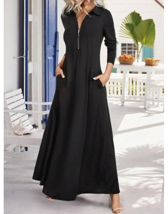 Kadın Uzun Kollu Yakalı önden Fermuarlı Uzun Viskon Iki Iplik Elbise