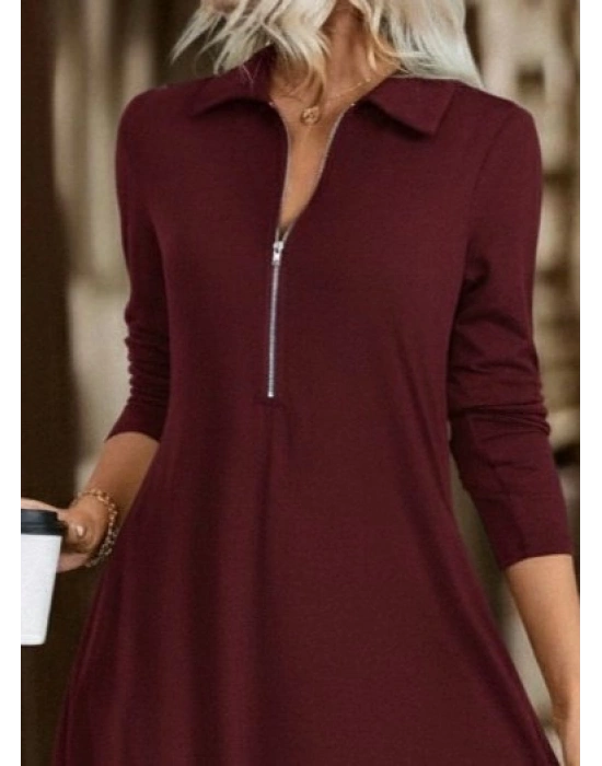 Kadın Uzun Kollu Yakalı önden Fermuarlı Uzun Viskon Iki Iplik Elbise