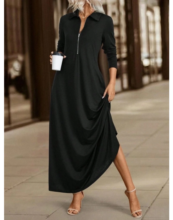 Kadın Uzun Kollu Yakalı önden Fermuarlı Uzun Viskon Iki Iplik Elbise