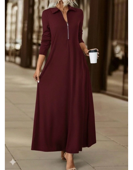 Kadın Uzun Kollu Yakalı önden Fermuarlı Uzun Viskon Iki Iplik Elbise