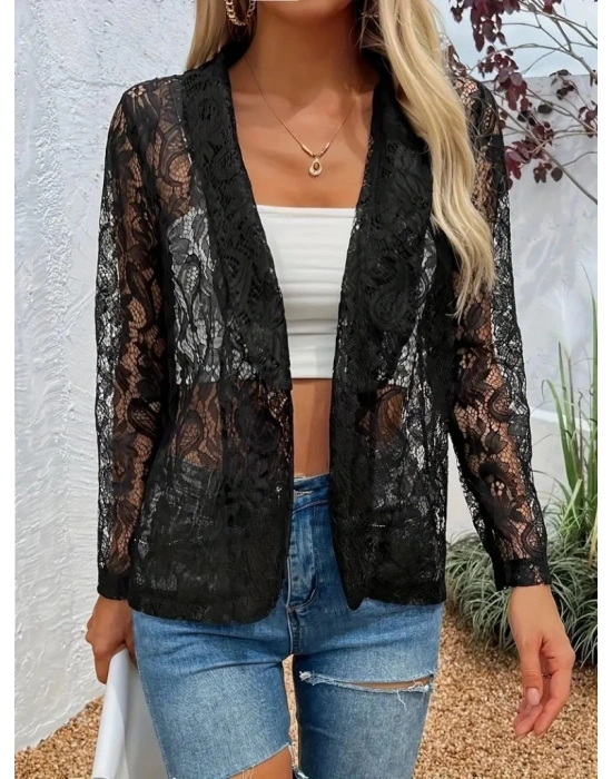 Kadın Uzun Kollu Yakalı önü Açık Dantelli Ceket