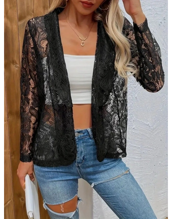 Kadın Uzun Kollu Yakalı önü Açık Dantelli Ceket