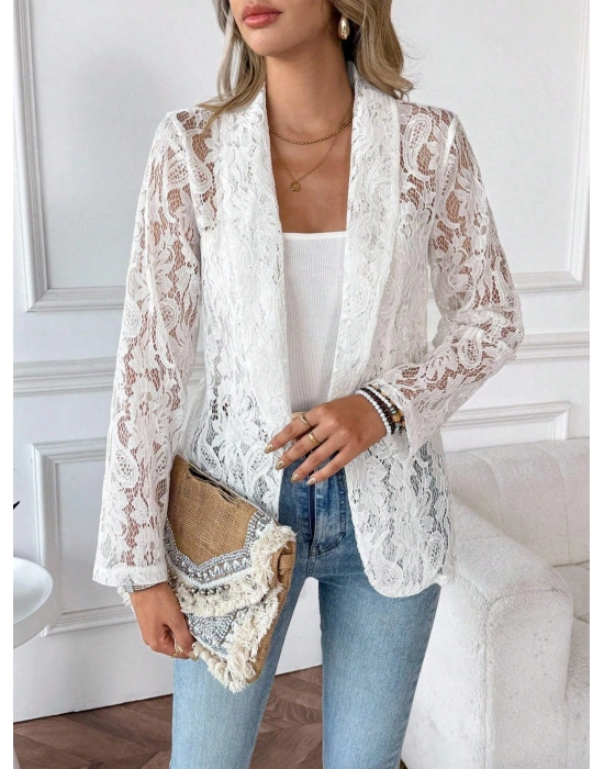 Kadın Uzun Kollu Yakalı önü Açık Dantelli Ceket
