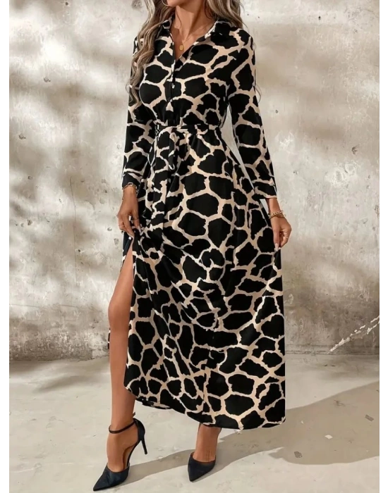 Kadın Uzun Kollu Yakalı önü Düğmeli Desenli Belden Kuşaklı Uzun Süprem Elbise