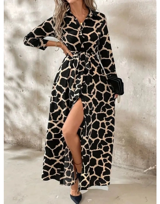 Kadın Uzun Kollu Yakalı önü Düğmeli Desenli Belden Kuşaklı Uzun Süprem Elbise
