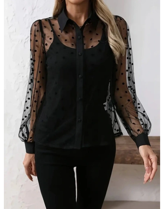 Kadın Uzun Kollu Yakalı şeffaf Tül Detaylı Ve Viskon Atlet Ikili Takım