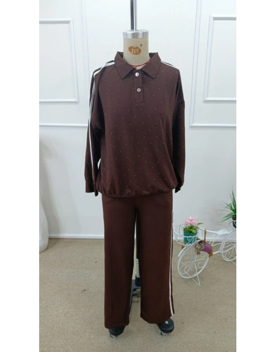 Kadın Uzun Kollu Yakalı şerit Detaylı Viskon Iki Iplik Bluz Ve Pantolon Ikili Takım