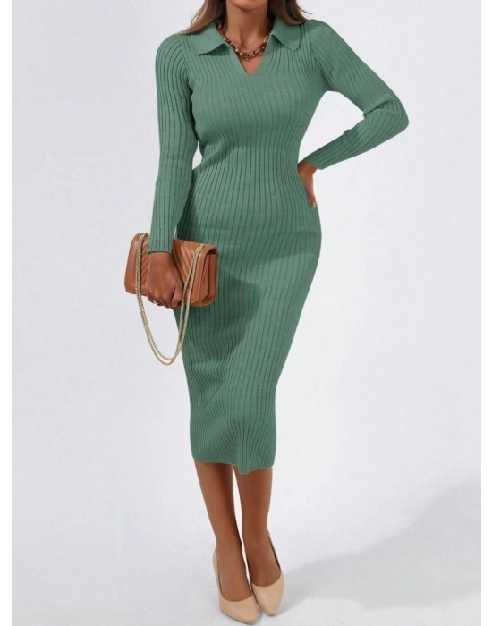 Kadın Uzun Kollu Yakalı Triko Elbise