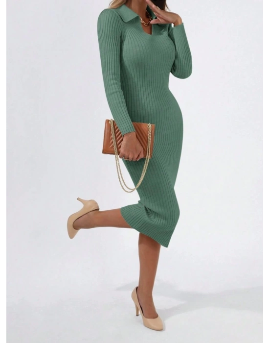 Kadın Uzun Kollu Yakalı Triko Elbise