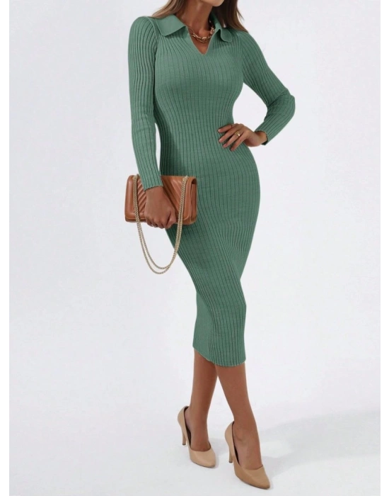 Kadın Uzun Kollu Yakalı Triko Elbise