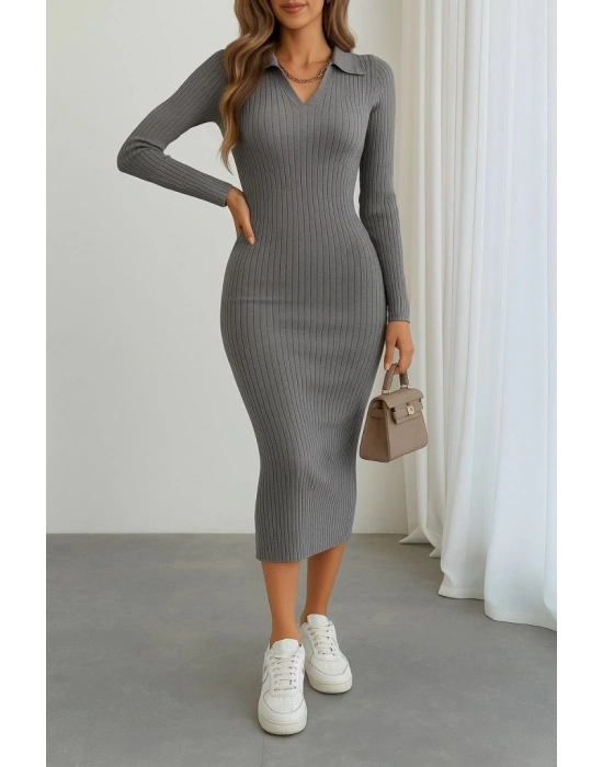 Kadın Uzun Kollu Yakalı Triko Elbise