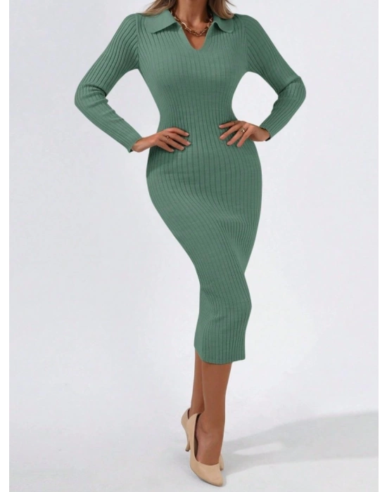 Kadın Uzun Kollu Yakalı Triko Elbise