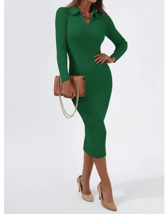 Kadın Uzun Kollu Yakalı Triko Elbise
