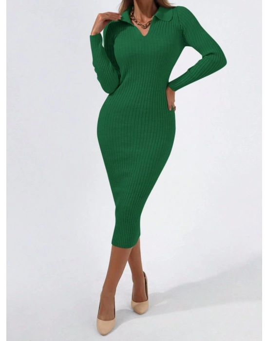 Kadın Uzun Kollu Yakalı Triko Elbise