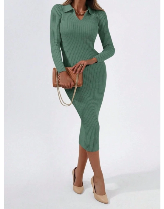 Kadın Uzun Kollu Yakalı Triko Elbise
