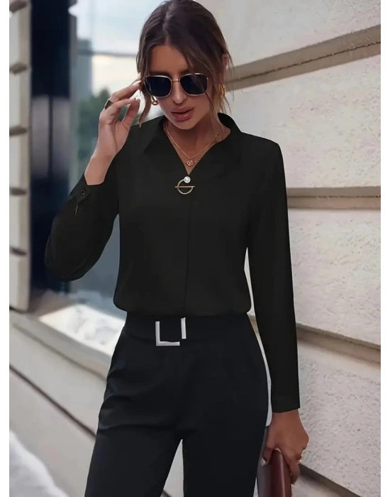 Kadın Uzun Kollu Yakalı Trikoton Gömlek