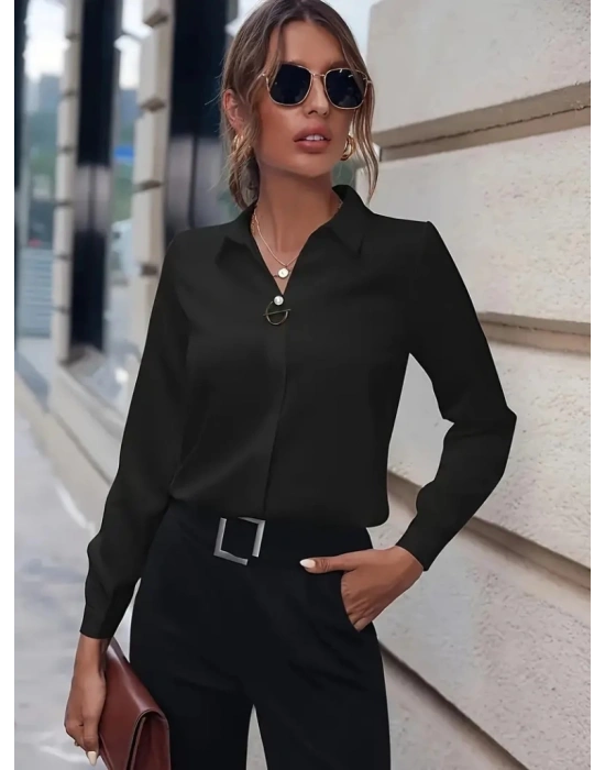 Kadın Uzun Kollu Yakalı Trikoton Gömlek