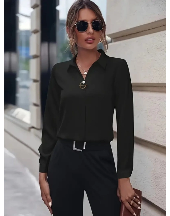 Kadın Uzun Kollu Yakalı Trikoton Gömlek