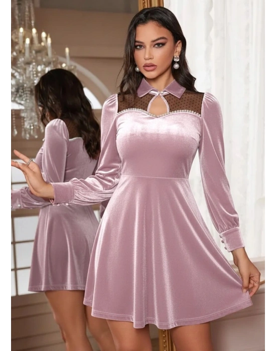 Kadın Uzun Kollu Yakalı Tül Detaylı Incili Mini Kadife Elbise