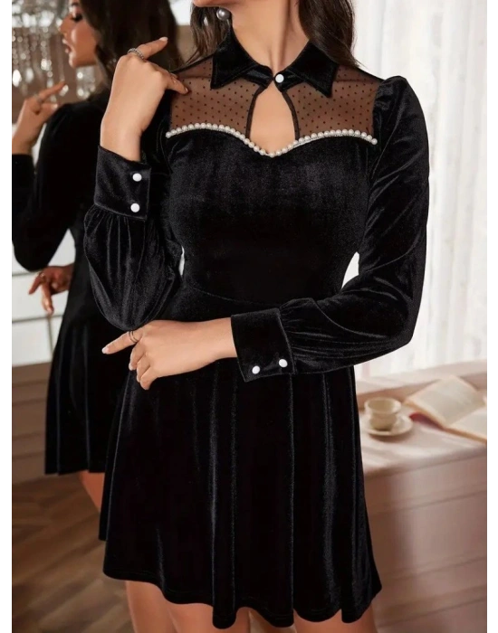 Kadın Uzun Kollu Yakalı Tül Detaylı Incili Mini Kadife Elbise
