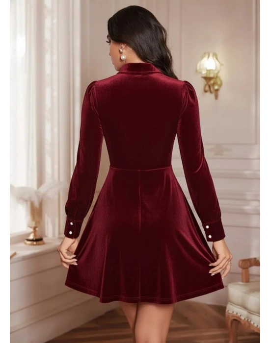 Kadın Uzun Kollu Yakalı Tül Detaylı Incili Mini Kadife Elbise