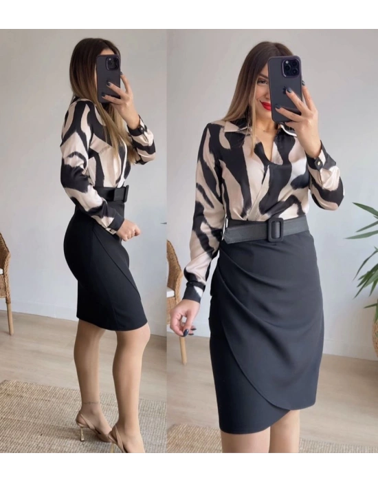 Kadın Uzun Kollu Yakalı üst Dalgıç Eteği Krep Kemerli Elbise