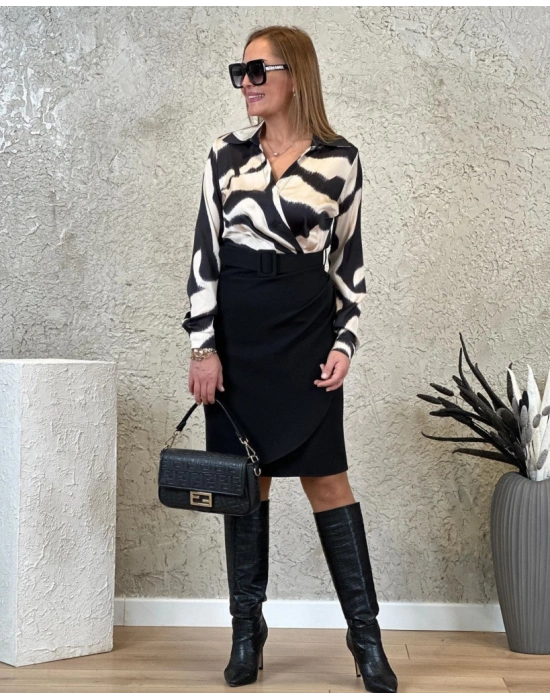 Kadın Uzun Kollu Yakalı üst Dalgıç Eteği Krep Kemerli Elbise