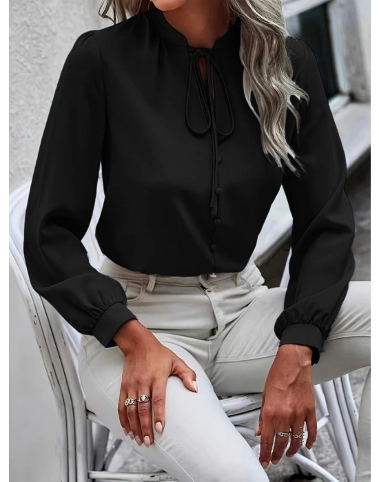Kadın Uzun Kollu Yakalı Yakadan Bağcıklı Düğmeli Sandy Bluz