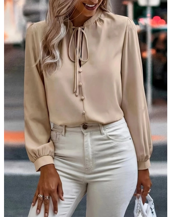 Kadın Uzun Kollu Yakalı Yakadan Bağcıklı Düğmeli Sandy Bluz