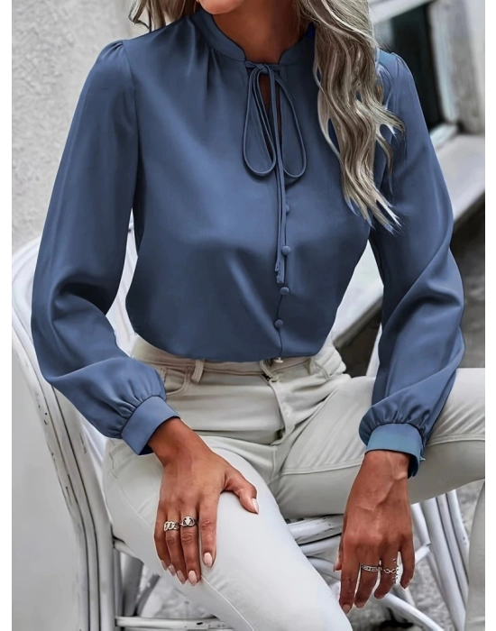 Kadın Uzun Kollu Yakalı Yakadan Bağcıklı Düğmeli Sandy Bluz
