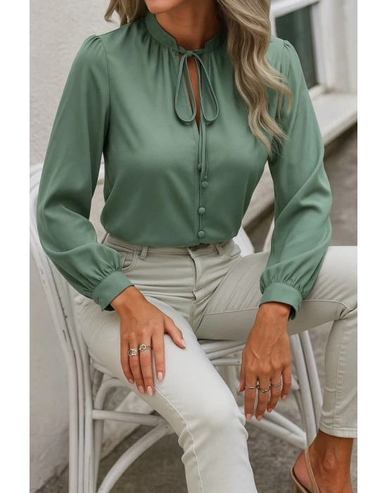 Kadın Uzun Kollu Yakalı Yakadan Bağcıklı Düğmeli Sandy Bluz