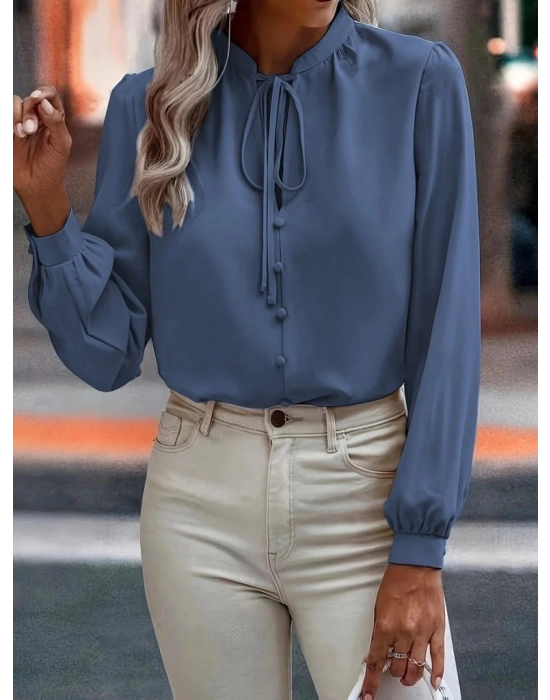 Kadın Uzun Kollu Yakalı Yakadan Bağcıklı Düğmeli Sandy Bluz
