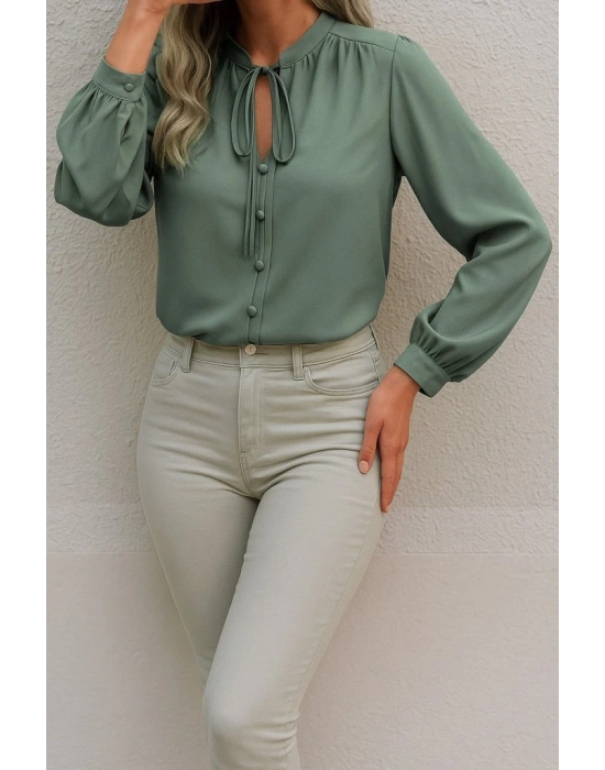 Kadın Uzun Kollu Yakalı Yakadan Bağcıklı Düğmeli Sandy Bluz