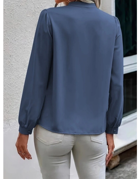 Kadın Uzun Kollu Yakalı Yakadan Bağcıklı Düğmeli Sandy Bluz