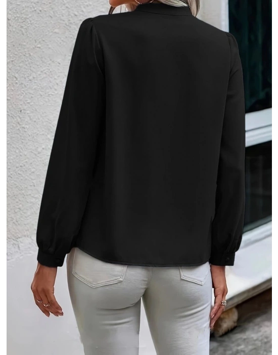 Kadın Uzun Kollu Yakalı Yakadan Bağcıklı Düğmeli Sandy Bluz