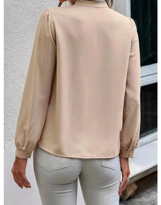 Kadın Uzun Kollu Yakalı Yakadan Bağcıklı Düğmeli Sandy Bluz