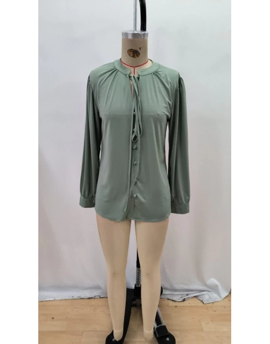 Kadın Uzun Kollu Yakalı Yakadan Bağcıklı Düğmeli Sandy Bluz