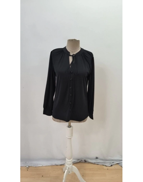 Kadın Uzun Kollu Yakalı Yakadan Bağcıklı Düğmeli Sandy Bluz