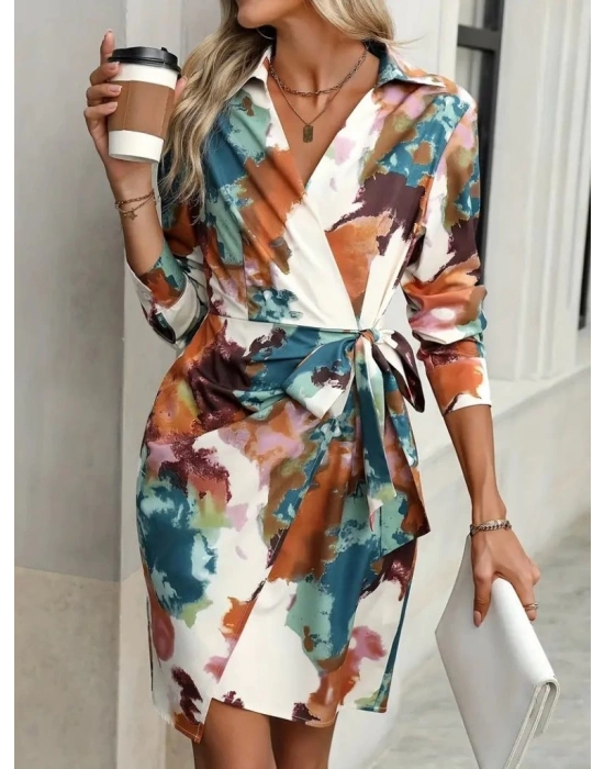 Kadın Uzun Kollu Yakalı Yandan Bağlamalı Mini Desenli Modal Elbise