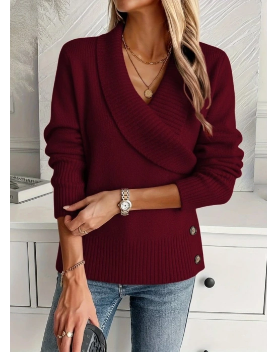 Kadın Uzun Kollu Yakalı Yandan Düğmeli Triko Bluz