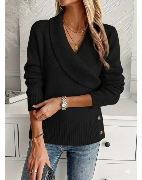 Kadın Uzun Kollu Yakalı Yandan Düğmeli Triko Bluz