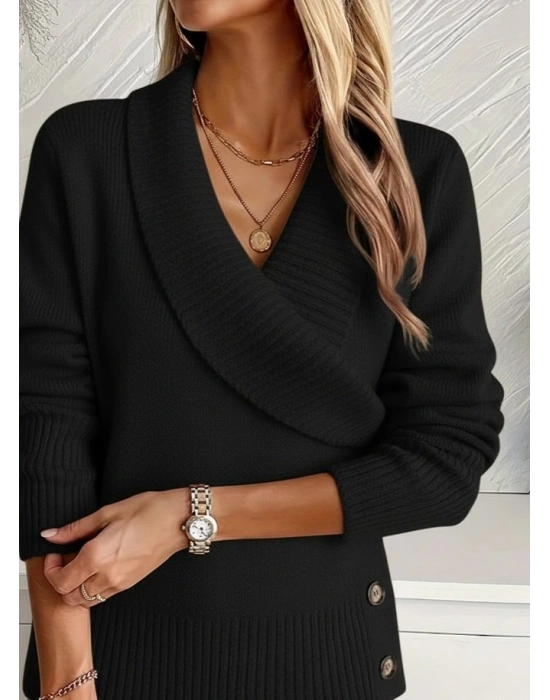 Kadın Uzun Kollu Yakalı Yandan Düğmeli Triko Bluz