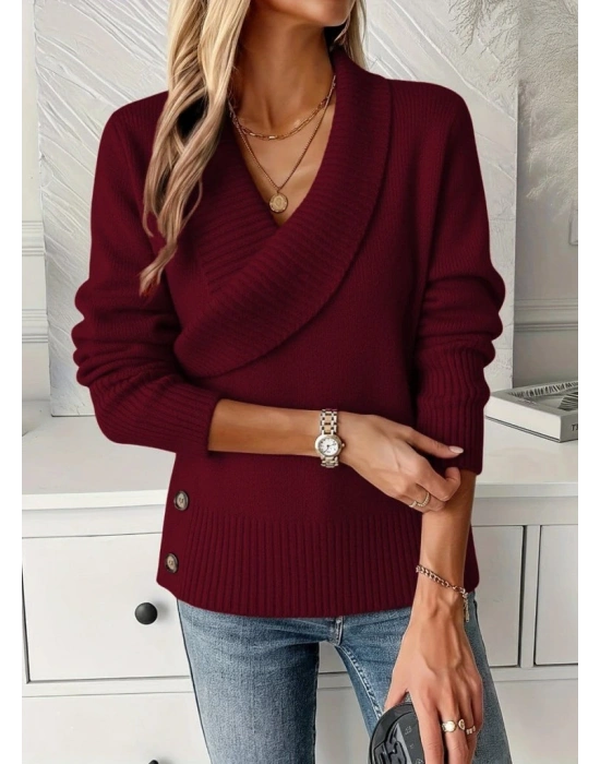 Kadın Uzun Kollu Yakalı Yandan Düğmeli Triko Bluz