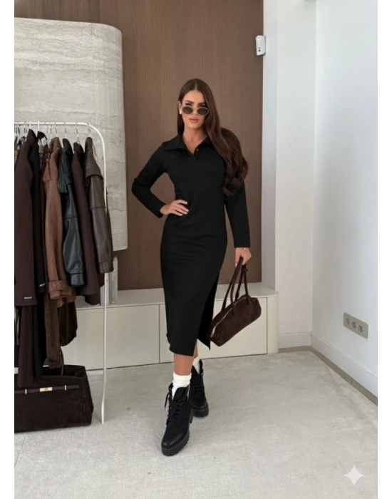 Kadın Uzun Kollu Yakalı Yandan Yırtmaçlı Midi Modal Elbise